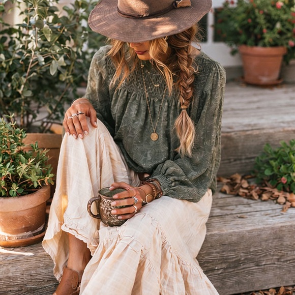 Anthropologie Deletta Amanna
Lace Peasant Olive Green Blouse Top Small - Picture 2 of 11